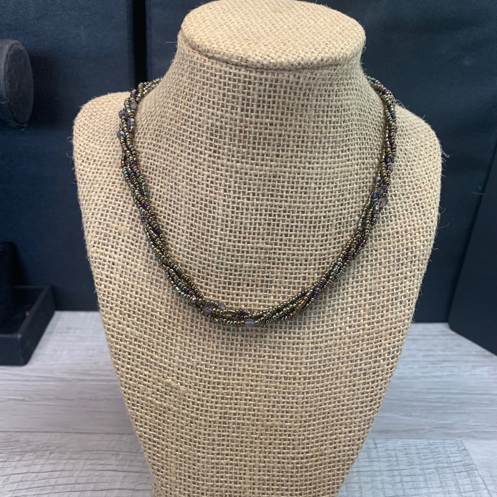Multi Strand Twisted Seed Bead Necklace Iridescent Purple Bronze Gunmetal 5572